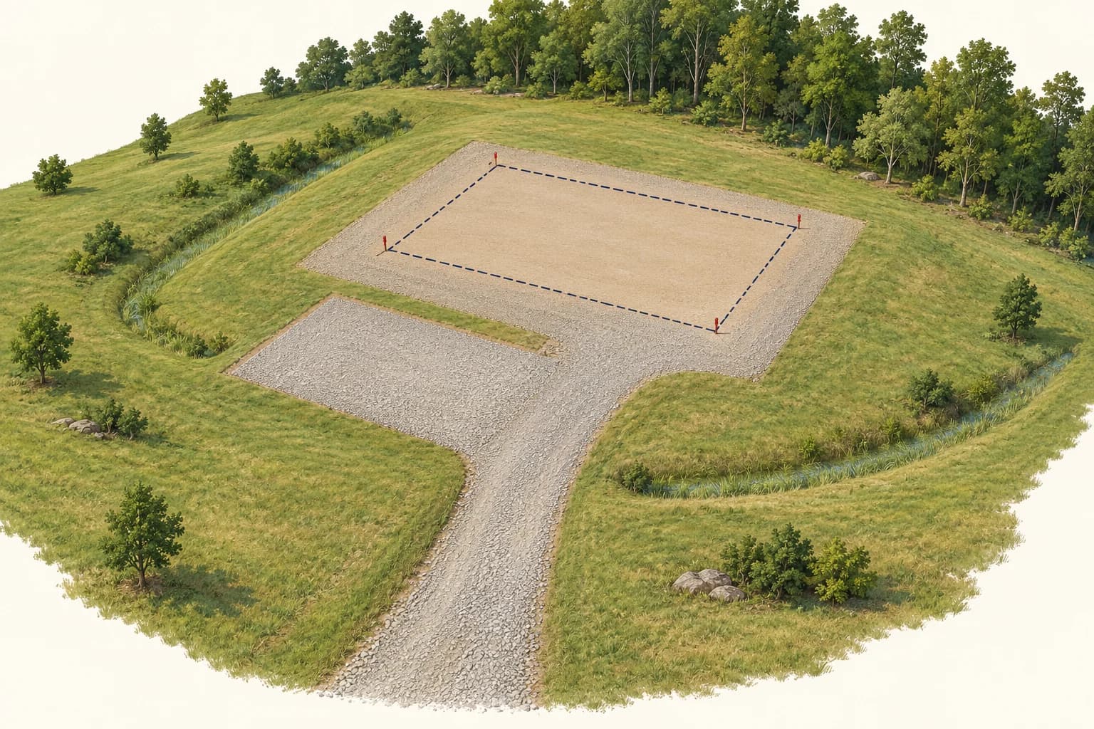 Educational illustration of a proposed building footprint, driveway, separate staging space and surrounding drainage channels
