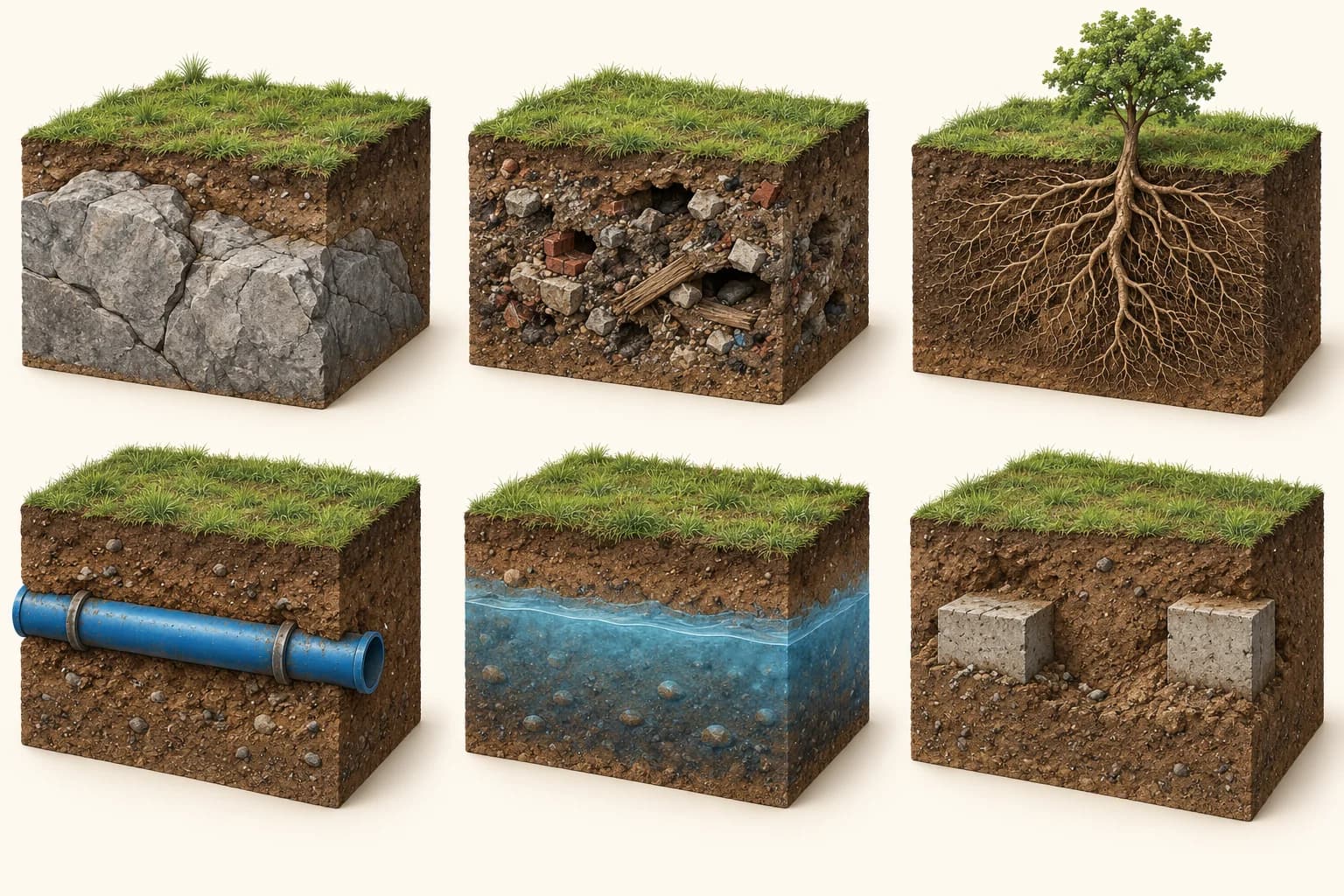 Six educational ground cutaways showing shallow rock, old uncontrolled fill, tree roots, a buried pipe, a high water table and old concrete footings