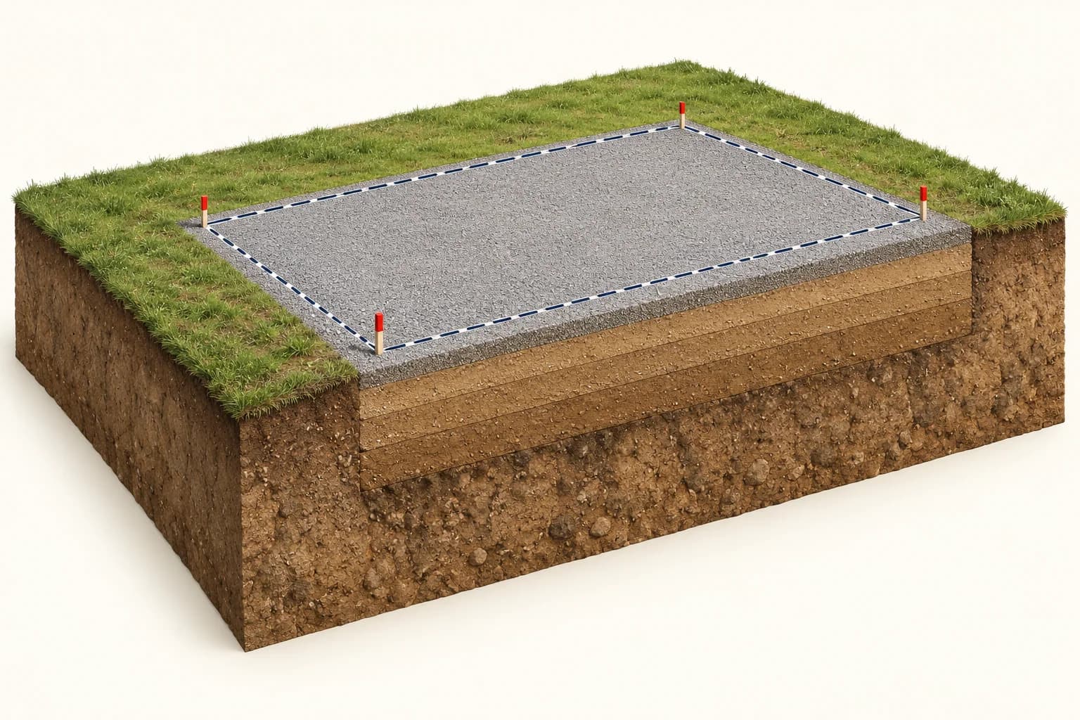 Educational cutaway showing a granular surface above illustrative fill layers and underlying natural ground